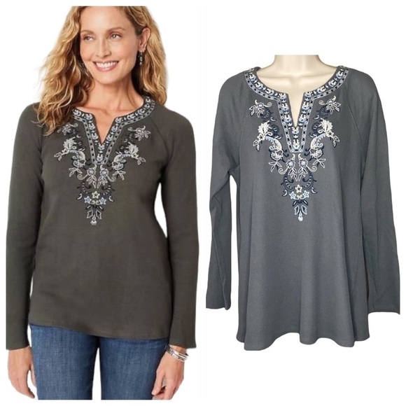 J. Jill Tops - J Jill | Green Waffle Knit Tee Botanical Embroidery Long Sleeves M